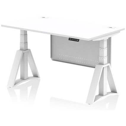Air Modesty 1400mm Height Adjustable Cable Port Desk, White Leg with Piste Foot and Modesty Panel, White Air Modesty 1400mm Height Adjustable Cable Port Desk, White Leg with Piste Foot and Modesty Panel, White