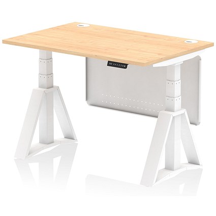 Air Modesty 1200mm Height Adjustable Cable Port Desk, White Leg with Piste Foot and Modesty Panel, Maple