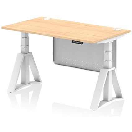 Air Modesty 1400mm Height Adjustable Cable Port Desk, White Leg with Piste Foot and Modesty Panel, Maple
