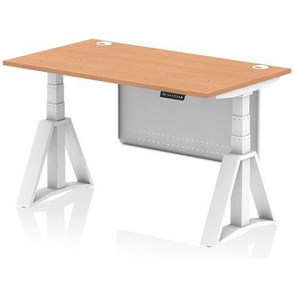 Air Modesty 1400mm Height Adjustable Cable Port Desk, White Leg with Piste Foot and Modesty Panel, Oak Air Modesty 1400mm Height Adjustable Cable Port Desk, White Leg with Piste Foot and Modesty Panel, Oak