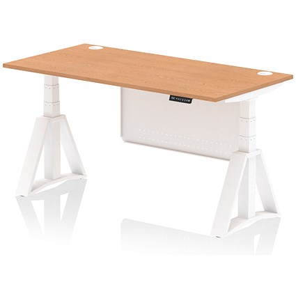Air Modesty 1600mm Height Adjustable Cable Ports Desk, White Leg and Modesty Panel, Oak