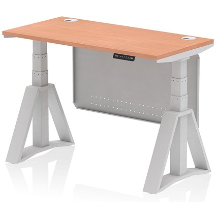 Air Modesty 1200mm Slim Height Adjustable Cable Ports Desk, Silver Leg and Modesty Panel, Beech