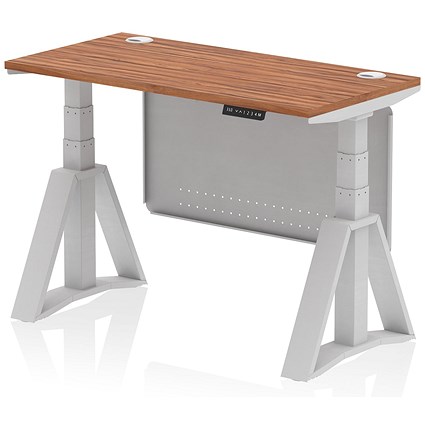 Air Modesty 1200mm Slim Height Adjustable Cable Ports Desk, Silver Leg and Modesty Panel, Walnut