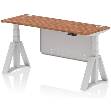 Air Modesty 1600mm Slim Height Adjustable Cable Ports Desk, Silver Leg and Modesty Panel, Walnut