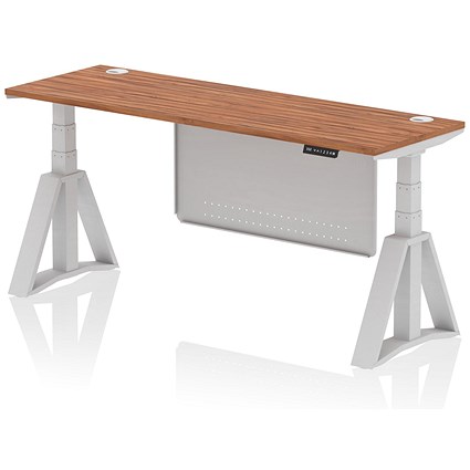 Air Modesty 1800mm Slim Height Adjustable Cable Ports Desk, Silver Leg and Modesty Panel, Walnut
