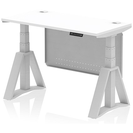 Air Modesty 1200mm Slim Height Adjustable Cable Ports Desk, Silver Leg and Modesty Panel, White