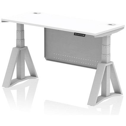 Air Modesty 1400mm Slim Height Adjustable Cable Ports Desk, Silver Leg and Modesty Panel, White