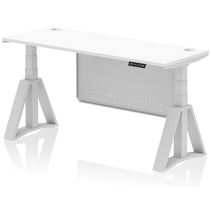 Air Modesty 1600mm Slim Height Adjustable Cable Ports Desk, Silver Leg and Modesty Panel, White