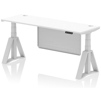 Air Modesty 1800mm Slim Height Adjustable Cable Ports Desk, Silver Leg and Modesty Panel, White