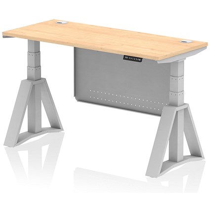 Air Modesty 1400mm Slim Height Adjustable Cable Ports Desk, Silver Leg and Modesty Panel, Maple