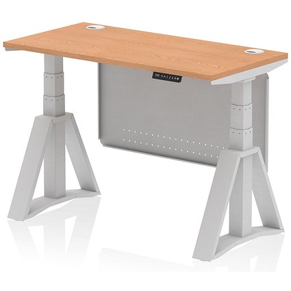 Air Modesty 1200mm Slim Height Adjustable Cable Ports Desk, Silver Leg and Modesty Panel, Oak Air Modesty 1200mm Slim Height Adjustable Cable Ports Desk, Silver Leg and Modesty Panel, Oak