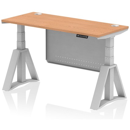 Air Modesty 1400mm Slim Height Adjustable Cable Ports Desk, Silver Leg and Modesty Panel, Oak