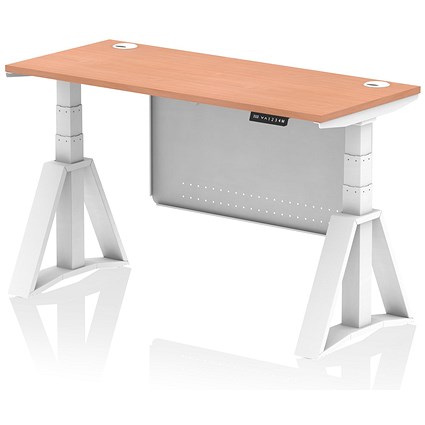 Air Modesty 1400mm Slim Height Adjustable Cable Ports Desk, White Leg and Modesty Panel, Beech