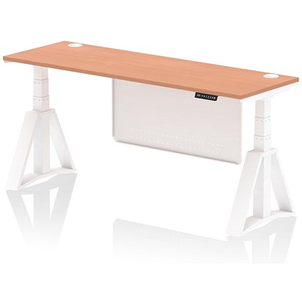 Air Modesty 1800mm Slim Height Adjustable Cable Ports Desk, White Leg and Modesty Panel, Beech