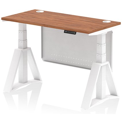 Air Modesty 1200mm Slim Height Adjustable Cable Ports Desk, White Leg and Modesty Panel, Walnut