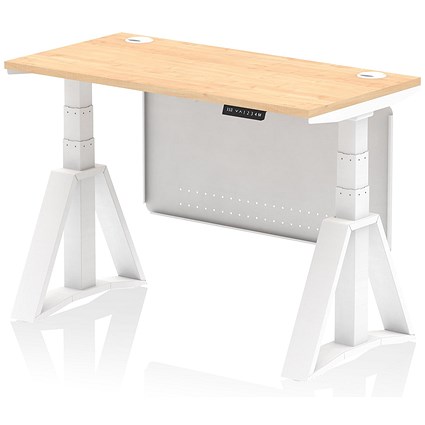 Air Modesty 1200mm Slim Height Adjustable Cable Ports Desk, White Leg and Modesty Panel, Maple
