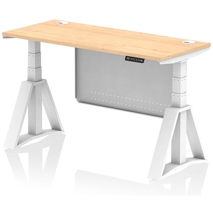 Air Modesty 1400mm Slim Height Adjustable Cable Ports Desk, White Leg and Modesty Panel, Maple