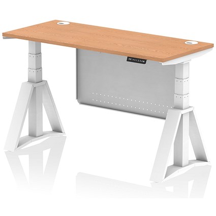 Air Modesty 1400mm Slim Height Adjustable Cable Ports Desk, White Leg and Modesty Panel, Oak