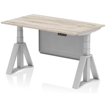 Air Modesty 1400mm Height Adjustable Desk, Silver Leg with Piste Foot and Modesty Panel, Grey Oak