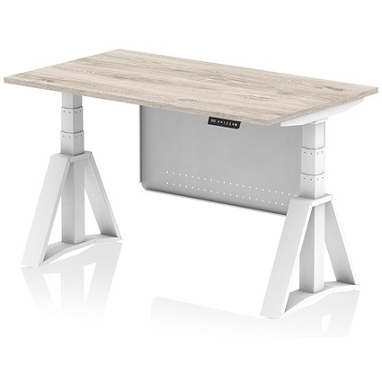 Air Modesty 1400mm Height Adjustable Desk, White Leg with Piste Foot and Modesty Panel, Grey Oak