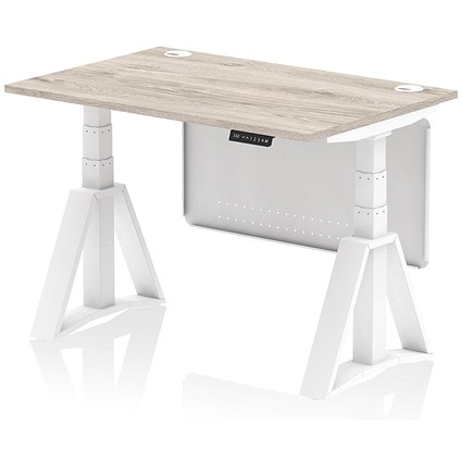 Air Modesty 1200mm Height Adjustable Cable Port Desk, White Leg with Piste Foot and Modesty Panel, Grey Oak Air Modesty 1200mm Height Adjustable Cable Port Desk, White Leg with Piste Foot and Modesty Panel, Grey Oak