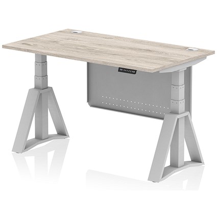Air Modesty 1400mm Height Adjustable Cable Port Desk, Silver Leg with Piste Foot and Modesty Panel, Grey Oak Air Modesty 1400mm Height Adjustable Cable Port Desk, Silver Leg with Piste Foot and Modesty Panel, Grey Oak
