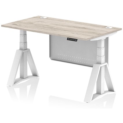 Air Modesty 1400mm Height Adjustable Cable Port Desk, White Leg with Piste Foot and Modesty Panel, Grey Oak Air Modesty 1400mm Height Adjustable Cable Port Desk, White Leg with Piste Foot and Modesty Panel, Grey Oak