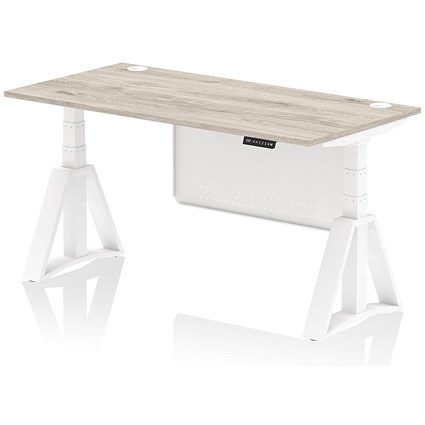Air Modesty 1600mm Height Adjustable Cable Ports Desk, White Leg and Modesty Panel, Grey Oak