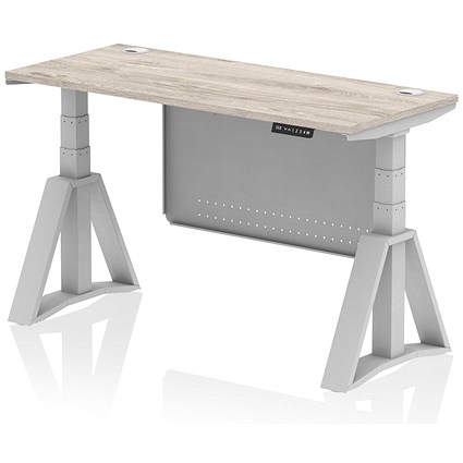 Air Modesty 1400mm Slim Height Adjustable Cable Ports Desk, Silver Leg and Modesty Panel, Grey Oak