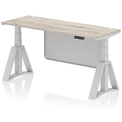 Air Modesty 1600mm Slim Height Adjustable Cable Ports Desk, Silver Leg and Modesty Panel, Grey Oak