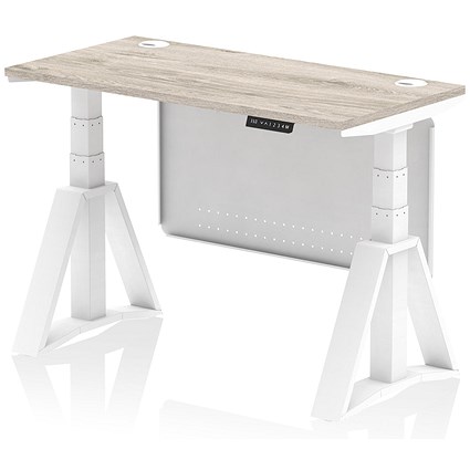 Air Modesty 1200mm Slim Height Adjustable Cable Ports Desk, White Leg and Modesty Panel, Grey Oak