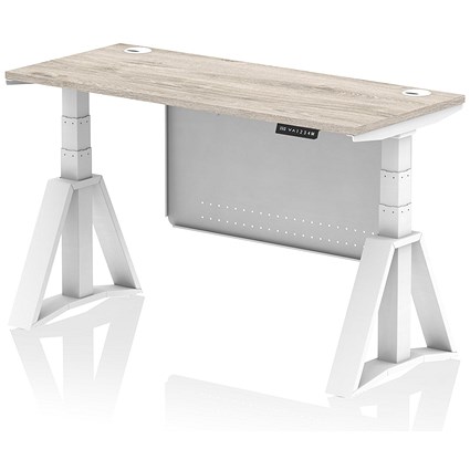 Air Modesty 1400mm Slim Height Adjustable Cable Ports Desk, White Leg and Modesty Panel, Grey Oak