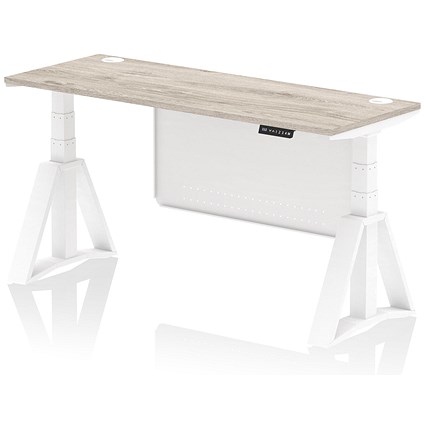 Air Modesty 1600mm Slim Height Adjustable Cable Ports Desk, White Leg and Modesty Panel, Grey Oak