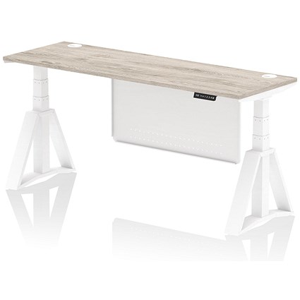 Air Modesty 1800mm Slim Height Adjustable Cable Ports Desk, White Leg and Modesty Panel, Grey Oak