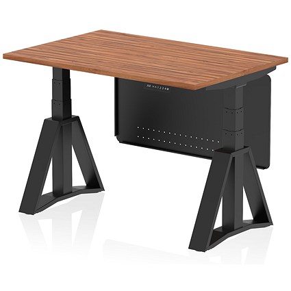Air Modesty 1200mm Height Adjustable Desk, Black Leg with Piste Foot and Modesty Panel, Walnut
