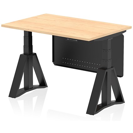 Air Modesty 1200mm Height Adjustable Desk, Black Leg with Piste Foot and Modesty Panel, Maple