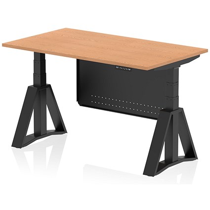 Air Modesty 1400mm Height Adjustable Desk, Black Leg with Piste Foot and Modesty Panel, Oak Air Modesty 1400mm Height Adjustable Desk, Black Leg with Piste Foot and Modesty Panel, Oak