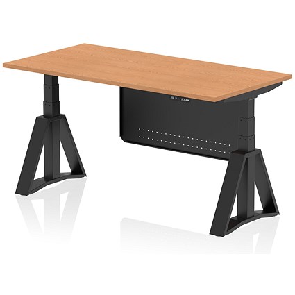 Air Modesty 1600mm Height Adjustable Desk, Black Leg with Piste Foot and Modesty Panel, Oak