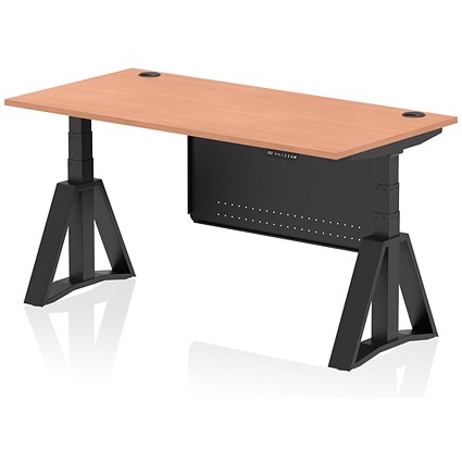 Air Modesty 1600mm Height Adjustable Cable Ports Desk, Black Leg and Modesty Panel, Beech
