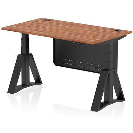 Air Modesty 1400mm Height Adjustable Cable Port Desk, Black Leg with Piste Foot and Modesty Panel, Walnut