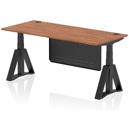 Air Modesty 1800mm Height Adjustable Cable Port Desk, Black Leg with Piste Foot and Modesty Panel, Walnut