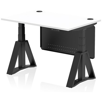 Air Modesty 1200mm Height Adjustable Cable Port Desk, Black Leg with Piste Foot and Modesty Panel, White