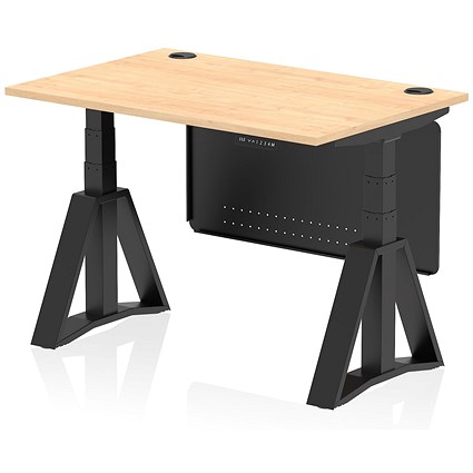 Air Modesty 1200mm Height Adjustable Cable Port Desk, Black Leg with Piste Foot and Modesty Panel, Maple