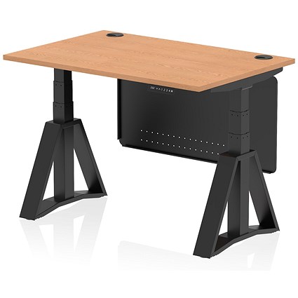 Air Modesty 1200mm Height Adjustable Cable Port Desk, Black Leg with Piste Foot and Modesty Panel, Oak