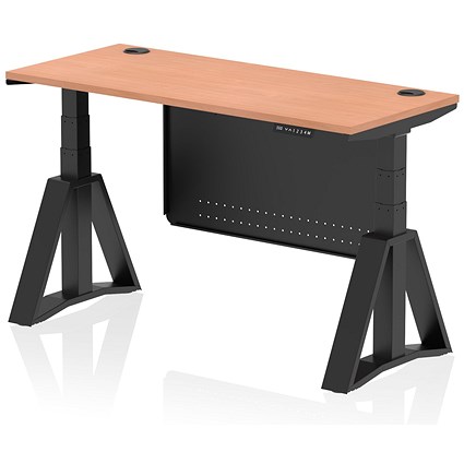 Air Modesty 1400mm Slim Height Adjustable Cable Ports Desk, Black Leg and Modesty Panel, Beech