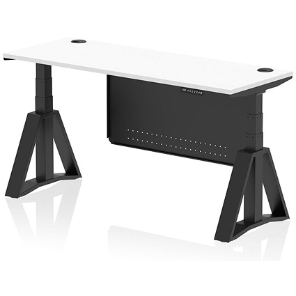 Air Modesty 1600mm Slim Height Adjustable Cable Ports Desk, Black Leg and Modesty Panel, White