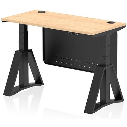 Air Modesty 1200mm Slim Height Adjustable Cable Ports Desk, Black Leg and Modesty Panel, Maple Air Modesty 1200mm Slim Height Adjustable Cable Ports Desk, Black Leg and Modesty Panel, Maple