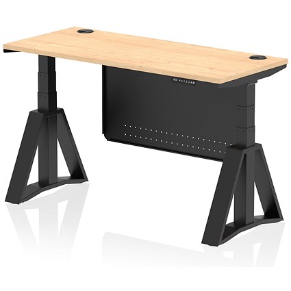 Air Modesty 1400mm Slim Height Adjustable Cable Ports Desk, Black Leg and Modesty Panel, Maple