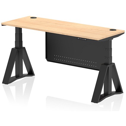 Air Modesty 1600mm Slim Height Adjustable Cable Ports Desk, Black Leg and Modesty Panel, Maple