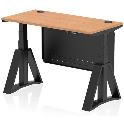 Air Modesty 1200mm Slim Height Adjustable Cable Ports Desk, Black Leg and Modesty Panel, Oak